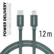 Swissten adat- s tltkbel textil bevonattal, USB-C/lightning, Power Delivery, 1,2 m szrke