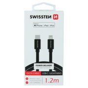 Swissten adatkbel textil bevonattal, USB-C/lightning MFI, 1,2 m fekete