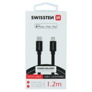 Swissten adatkbel textil bevonattal, USB-C/lightning MFI, 1,2 m fekete