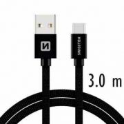 Swissten adat- s tltkbel textil bevonattal, USB/USB-C, 3 m fekete