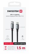 Swissten fonott textil adat- s tltkbel USB-C/lightning, 1,5m, fekete