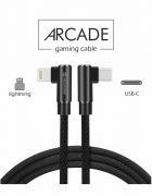 Swissten Arcade gaming adat- s tltkbel textil bevonattal, USB-C/lightning, 1,2 m fekete, L-csatlakoz