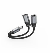 Swissten audio s tltadapter, textil, USB-C (male)/USB-C (female), 3,5mm AUX, 0,12m, fekete