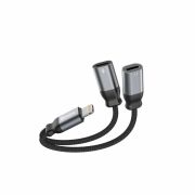 Swissten audio s tltadapter, textil, lightning (male)/2xlightning (female), 0,12m, fekete