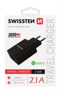 Swissten hálózati töltő adapter, 2 USB port, Smart IC, 2,1 A, fekete