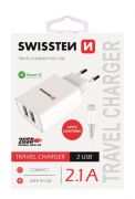 Swissten hálózati töltő adapter + lightning kábel, 2 USB port, Smart IC, 2,1 A, fehér