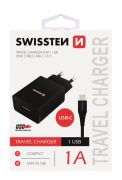 Swissten hálózati töltő adapter + Type-C kábel, 1 USB port, 1 A, fekete
